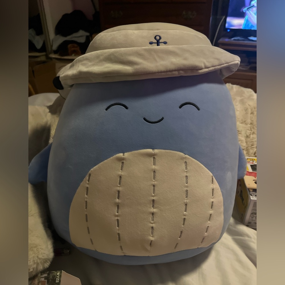 Squishmallows Blue and Cream Whale with Sailor Hat